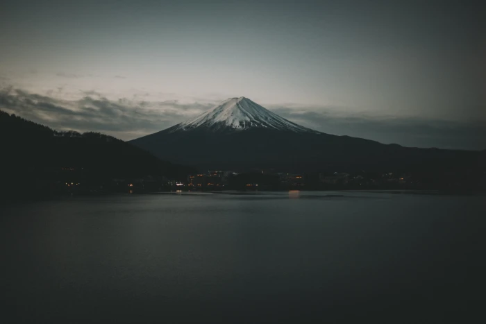 Mount Fuji Japan nature snow water trees mountains dark 2k