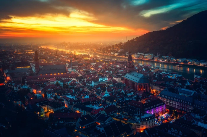 mountain and sunset aerial view of city buildings cityscape 2k