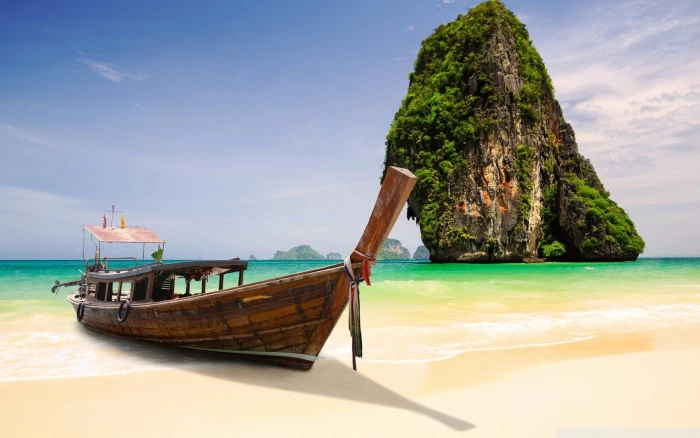 Thailand Krabi Islnd Beautiful Beach With Boat Hd Wallpaper 2k