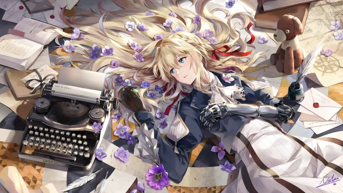 Violet Evergarden anime girls typewriters blonde long hair 2k