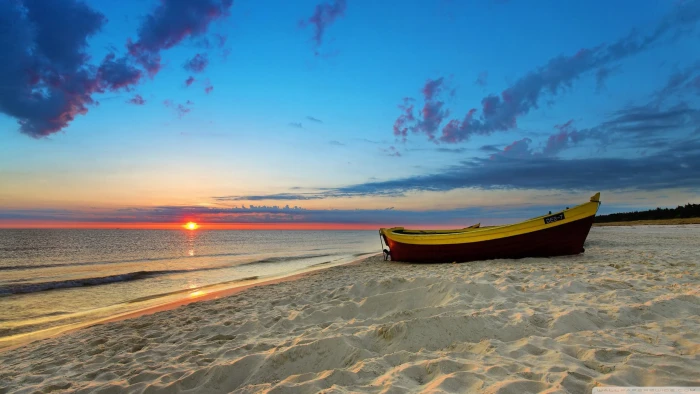 white and brown boat landscape sunset beach nautical vessel 2k