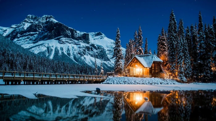 winter reflection nature snow sky mountain log cabin 2k
