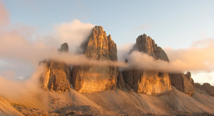 aerial view of brown rocky mountains Drei zinnen Tre Cime di Lavaredo 2k