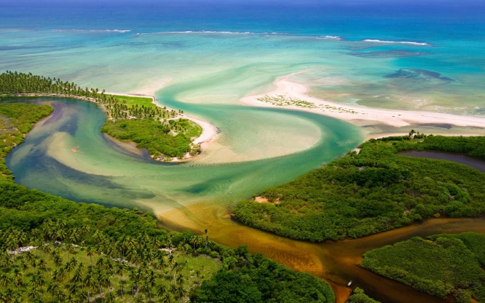 green forest river jungle Brazil aerial view estuaries beach 2k