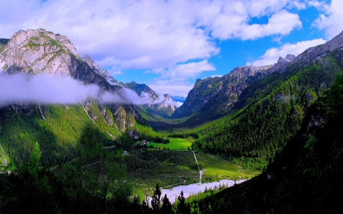 green mountain mountains forest valley clouds nature landscape 2k