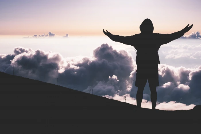 Man standing in mountain clouds people adventure holiday landscape 2k 4k 5k