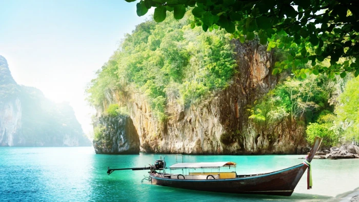 Thailand sea water island boat ship trees rocks beach 2k