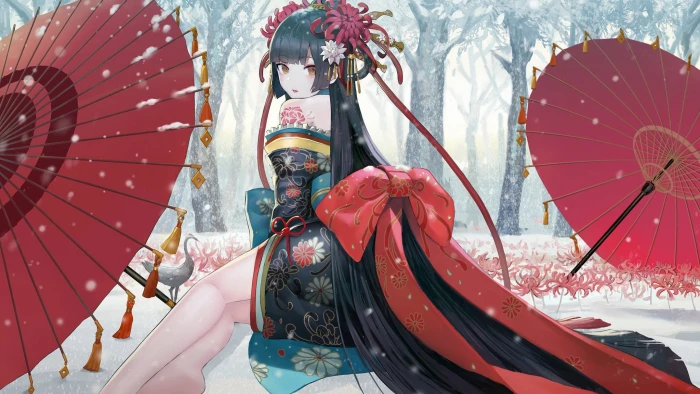anime girls original characters women black hair long 2k