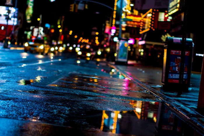 black and red train toy city lights wet street water road 2k