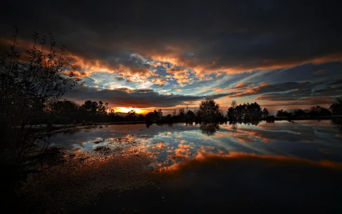 Clouds And Dark Sunset Lakes gray and orange sky Nature Scenery 2k