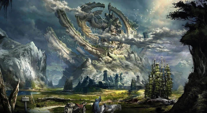 Fantasy Scenery Futuristic dragon statue on mountain wallpaper 2k