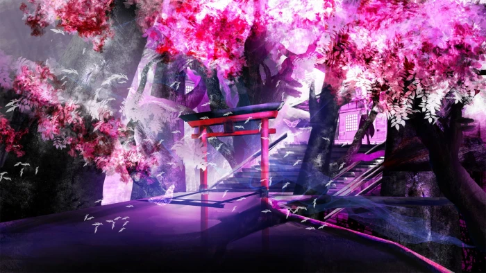 red and black tori gate wallpaper anime landscape shrine cherry trees 2k