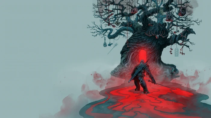 warrior geralt of rivia digital art nature landscape video games the witcher 3 wild hunt trees skull ropes sword spoons keys bones 2k