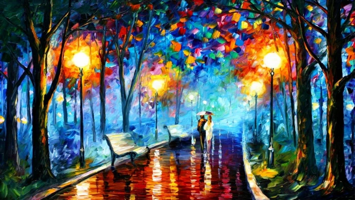 two person walking between trees painting park Leonid Afremov 2k