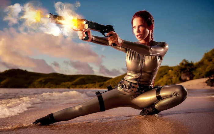 female character holding pistol wallpaper beach the sky weapons 2k