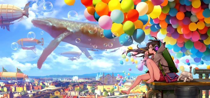 girl and balloons animated wallpaper black haired anime character sitting near illustratio 2k