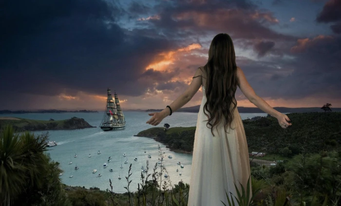 women's white dress girl waiting beach bay boat sea nautical Vessel 2k