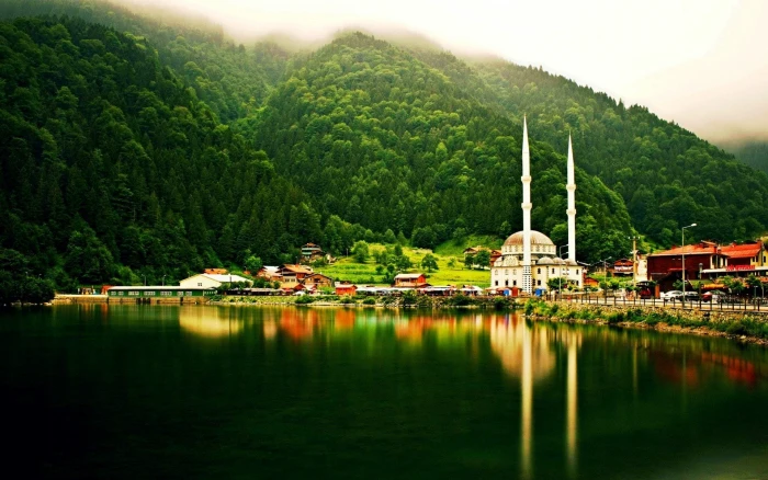 forest Hills lake landscape mist Mosque nature Trabzon 2k