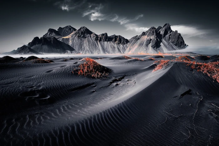 grayscale photo of desert Iceland landscape nature dark mountains 2k