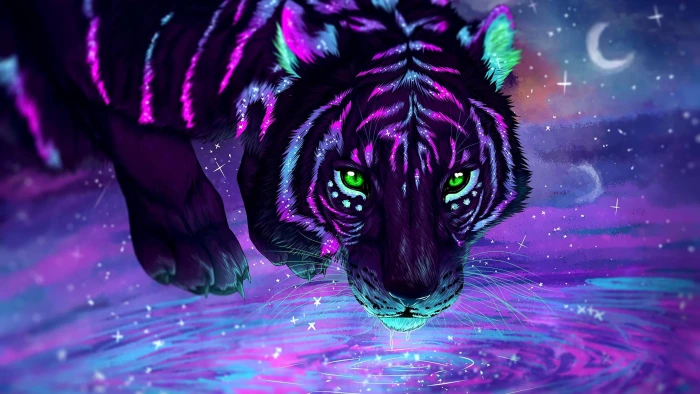 purple and blue tiger illustration water green eyes neon animals 2k