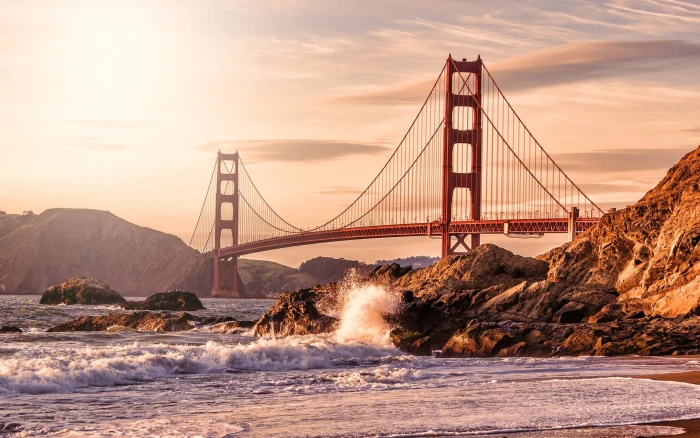 USA San Francisco Golden Gate bridge rocks waves beach golden gate san francisco california 2k