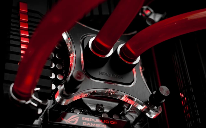 black and red ASUS ROG hydro CPU cooler Republic of Gamers computer 2k 4k