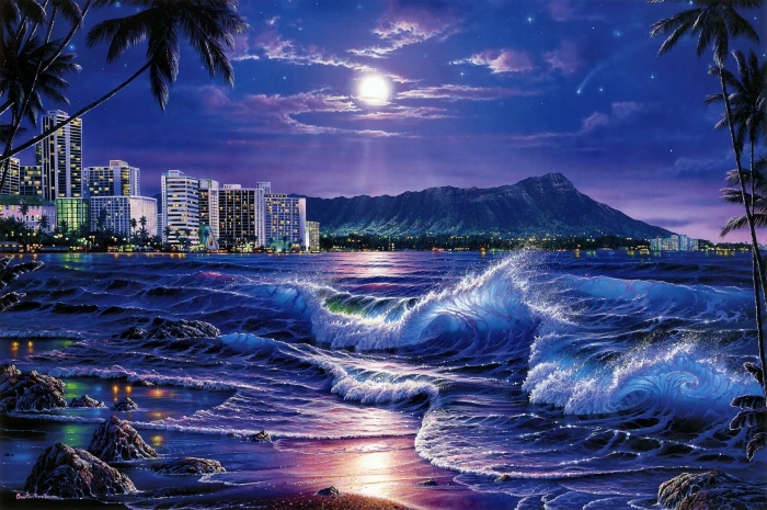 illustration of city buildings near mountain sea waves night 2k