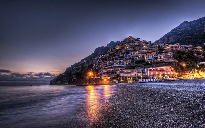 photography city Positano Italy illuminated night sea 2k