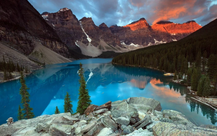 calm body of water nature landscape lake trees mountains 2k