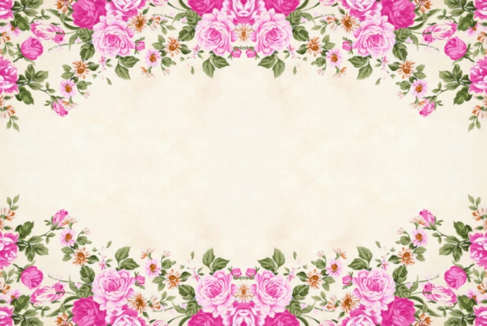 Floral frame background with pink flowers on top and bottom border 2k