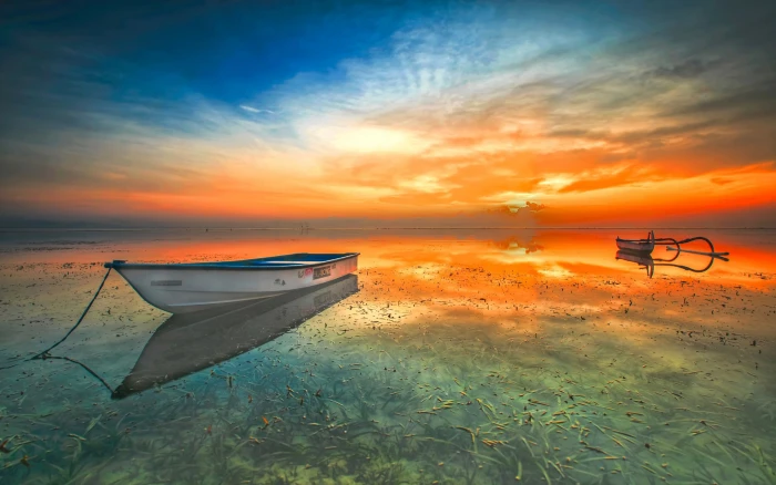Indonesia Landscape Sunset Beach Lake Boat Orange Sky Reflection In The Water Beautiful Hd Wallpaper For Desktop 2k