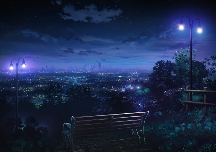 brown bench near utility light post digital wallpaper landscape 2k