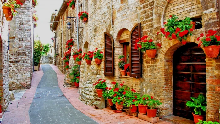 brown bricked house walkway photograph umbria perugia assisi 2k