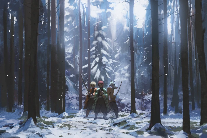 Kimetsu no Yaiba anime boys long hair fan art snowing 2k