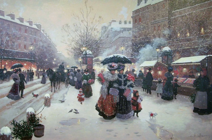 old time scenery painting winter holiday ladies street France 2k