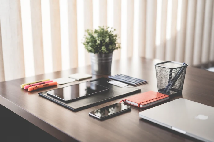 Simple Minimalistic Home Office with Equipment on Wooden Desk 2k 4k
