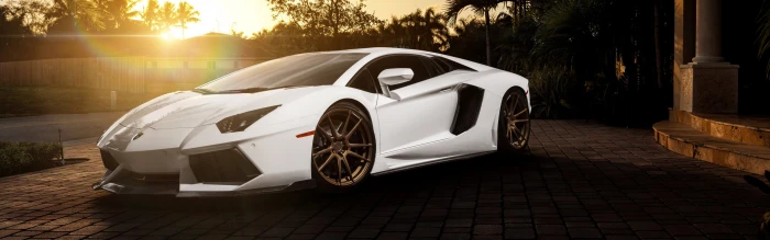 white sport car Lamborghini Aventador multiple display dual monitors 2k 4k