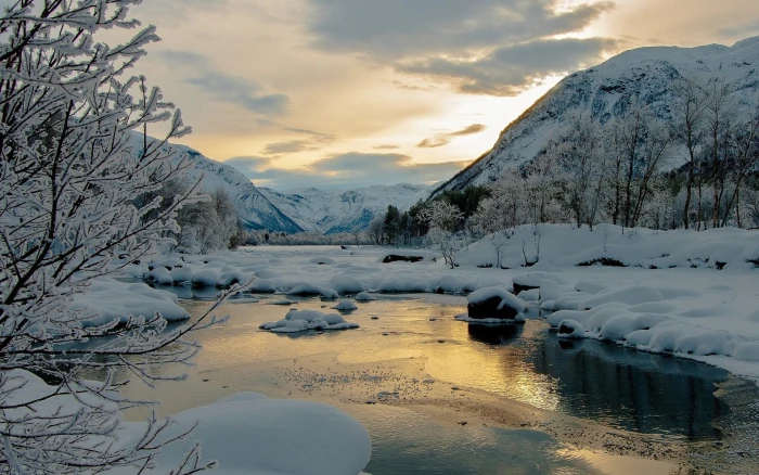 Winter snow mountains trees river dusk covered ground scenery 2k