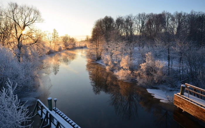 Morning scenery Sweden river winter snow 2k