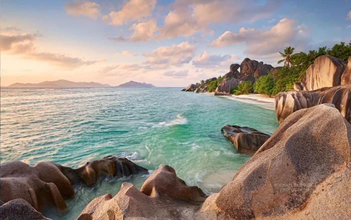 ocean and green trees sea Michael Breitung Seychelles beach 2k