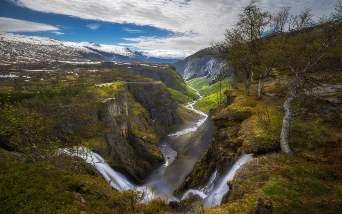 waterfalls and green trees nature landscape canyon river 2k