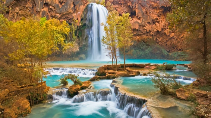 waterfalls on orange rock mountain painting nature forest river 2k