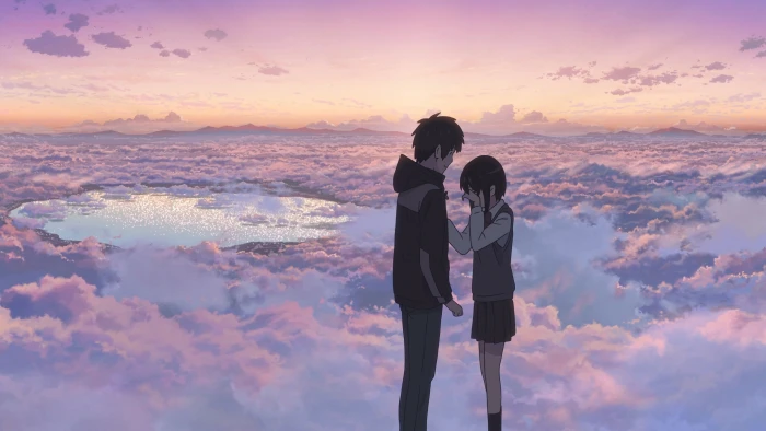 woman covering her face in front of man anime character wallpaper 2k 4k