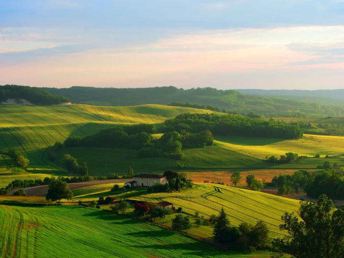 Beautiful scenery fields house trees sky 2k