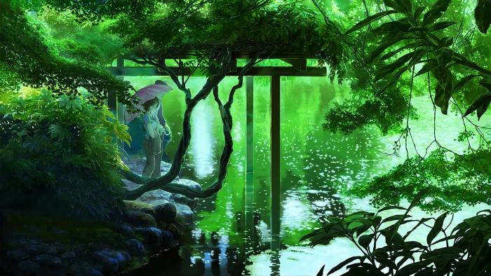 green leafed trees digital wallpaper lake plants forest The Garden of Words 2k
