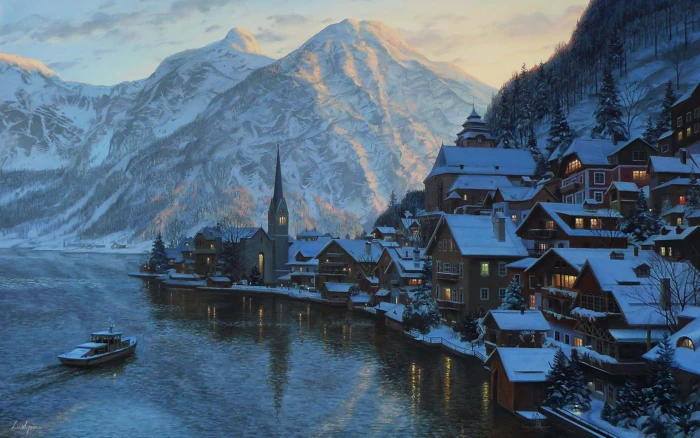 houses near body of water painting winter snow landscape sunset 2k