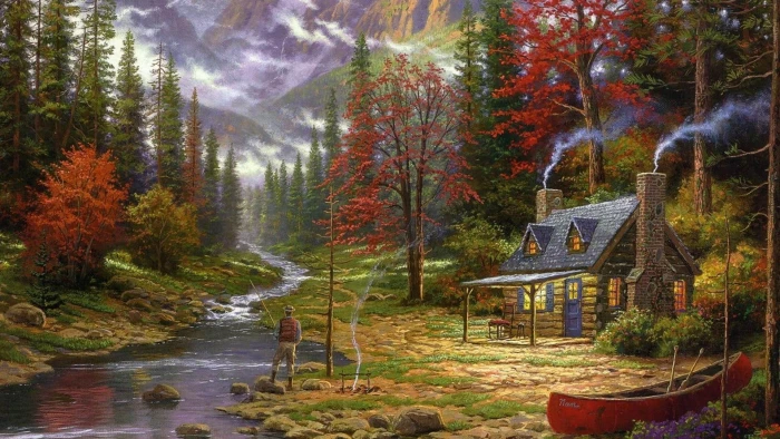 man standing beside river painting cottage canoes fishing 2k
