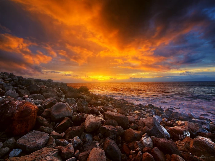 photograph of stones and beach end the day kauai hawaii 2k