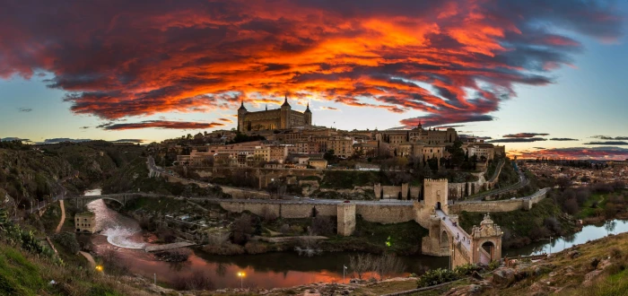 Toledo Spain concrete castle surrounded by body of water scenery 2k