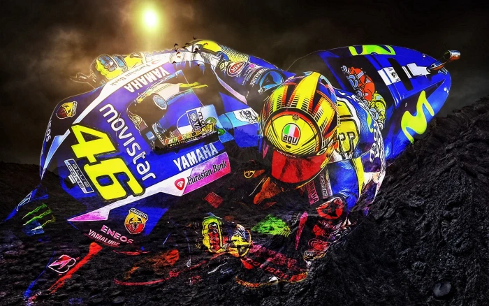 multicolored Movistar racing motorcycle illustration Valentino Rossi 2k